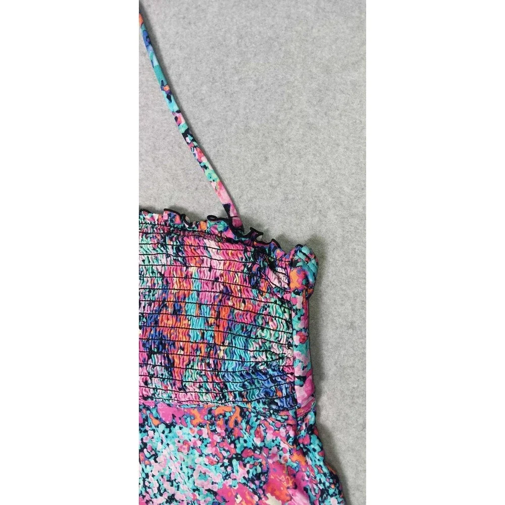 Kenneth Cole Reaction Bandeau Tankini Top L Watercolor Halter Smocked Swimsuit